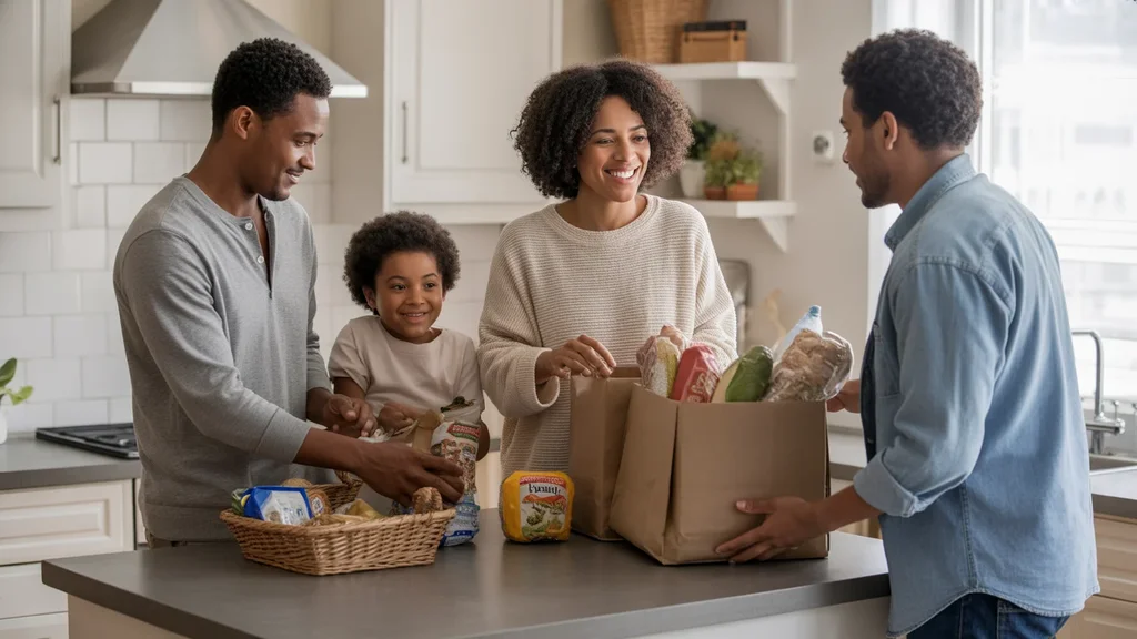Family unpacks groceries in their Gastonia apartment kitchen