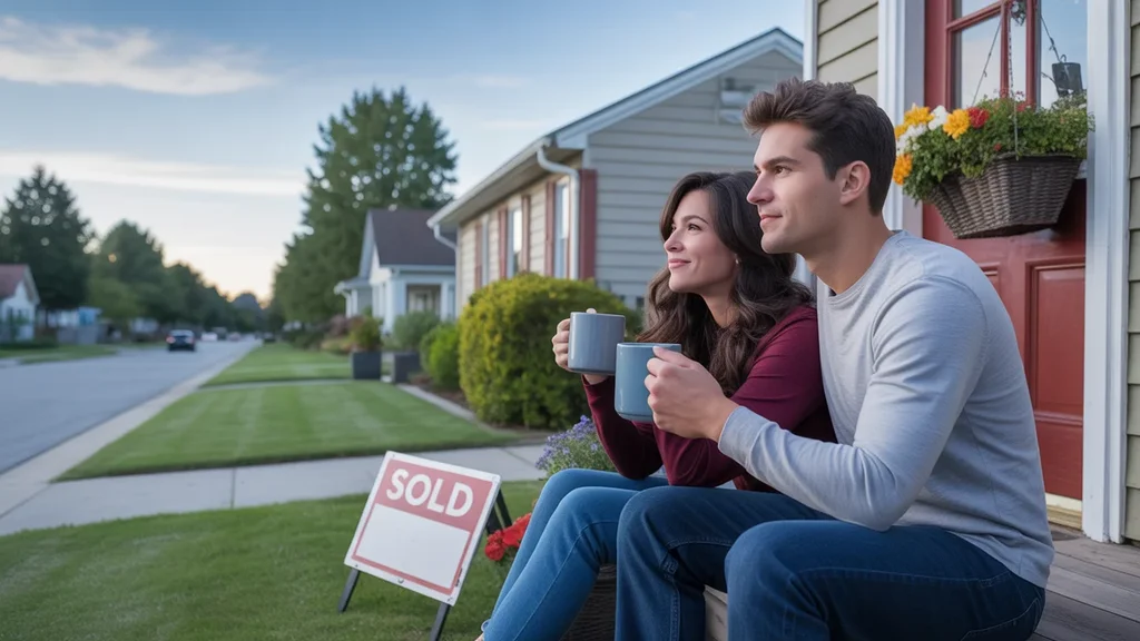 A couple sits on their front porch steps, admiring their new Hermitage neighborhood