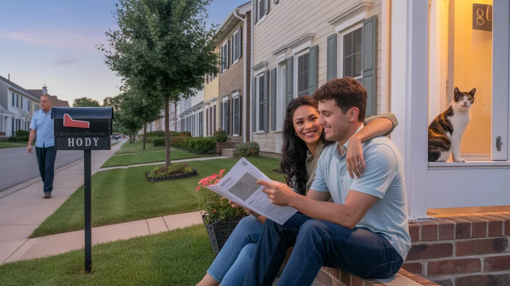 Couple sitting on townhome steps reviewing HOA papers