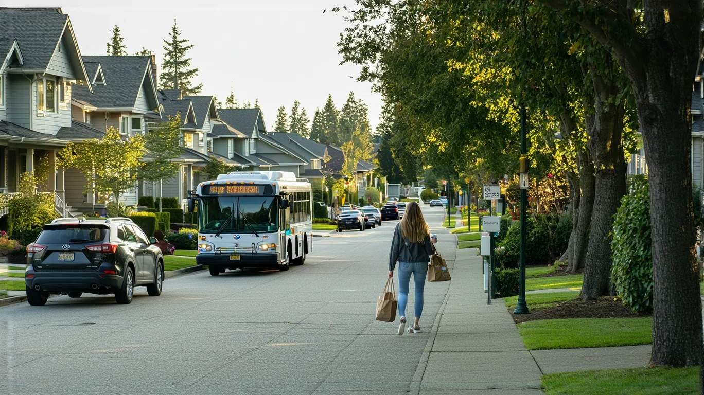 A woman walks on a Kirkland sidewalk past craftsman homes as a public bus drives by.