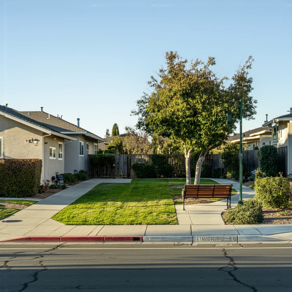 A neighborhood park with a path and bench in La Mesa, California