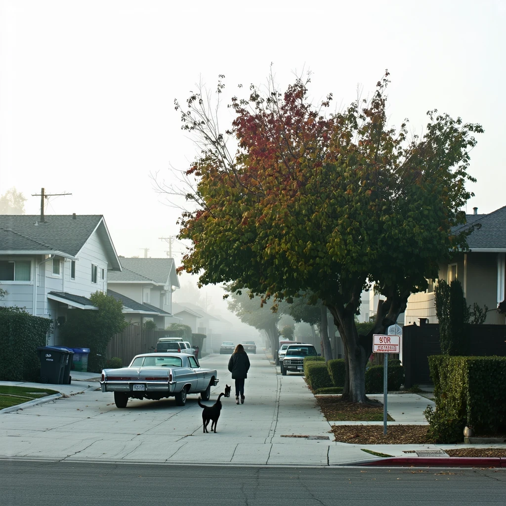 A misty residential street in Chula Vista, California on an autumn morning