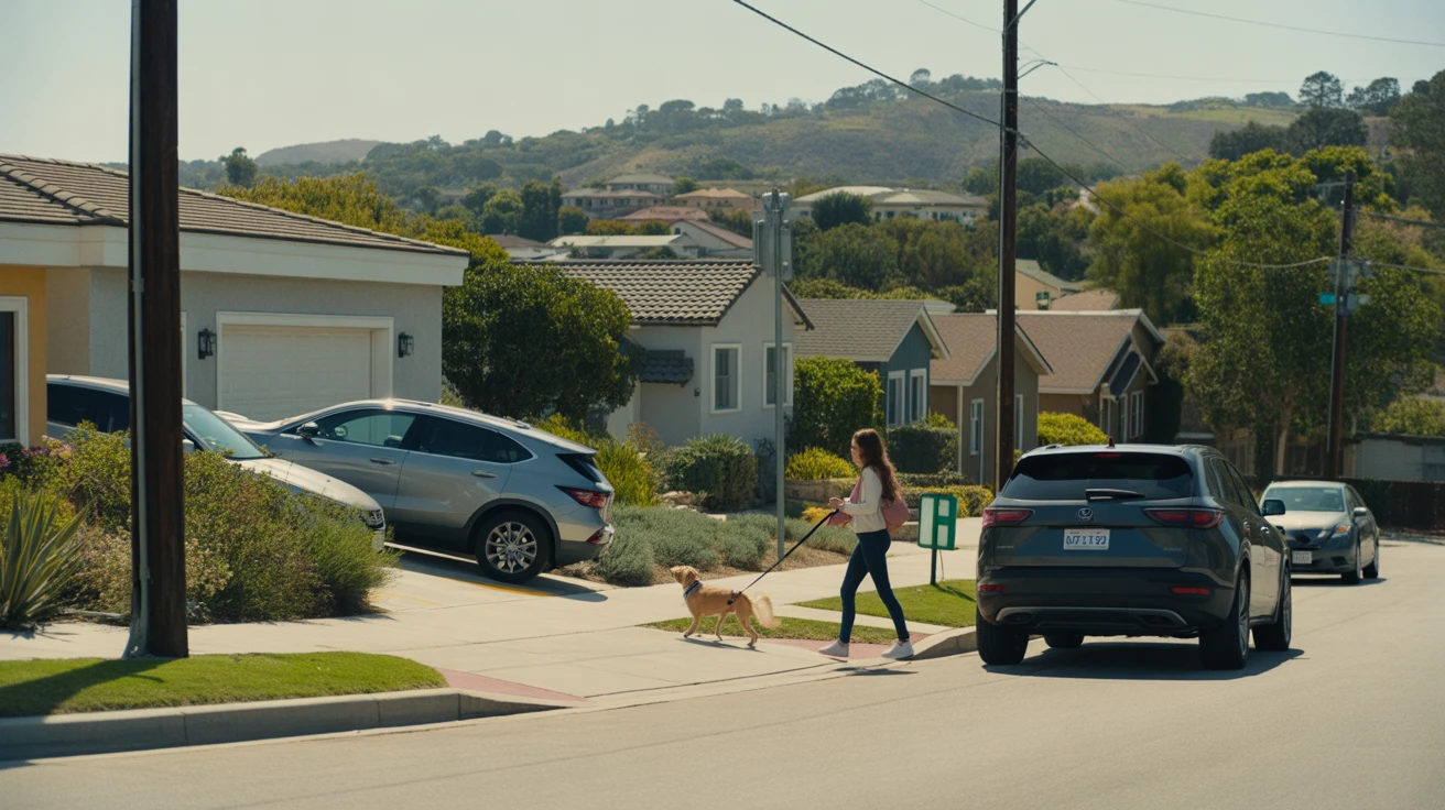 A woman walking her dog on a quiet, modern residential street in San Marcos, California.