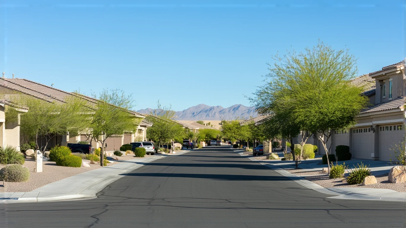 A sunny suburban street in Summerlin South, Nevada lined with stucco homes and desert landscaping.