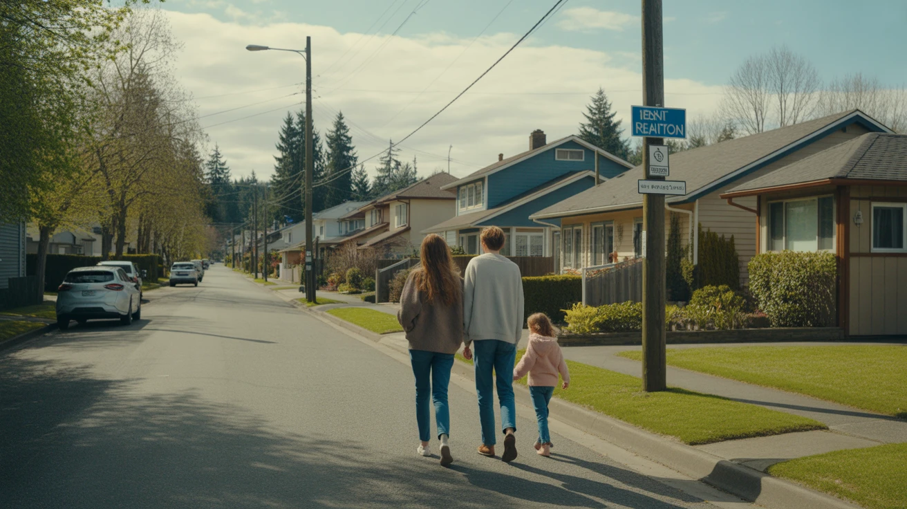 A young family walking down a sidewalk lined with craftsman-style homes in a quiet Renton neighborhood.