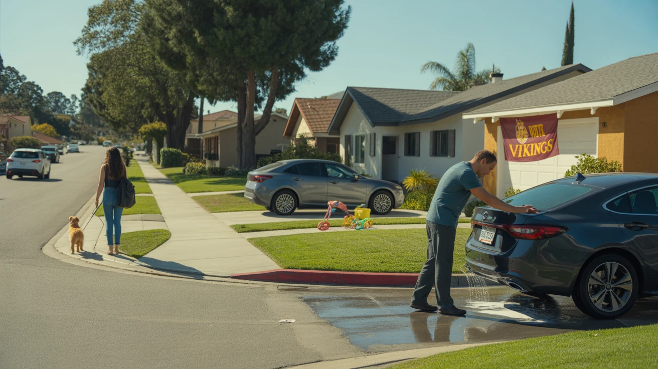 A sunny residential street in Vista, California with modern homes, a woman walking her dog, and a man washing his car in the driveway.