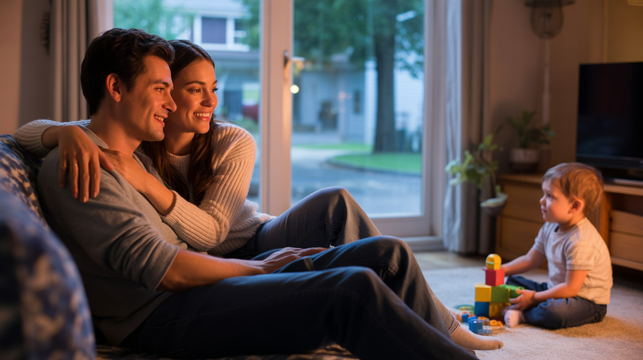 A couple relaxes on the couch watching TV while their child plays nearby in their cozy Fern Creek living room.