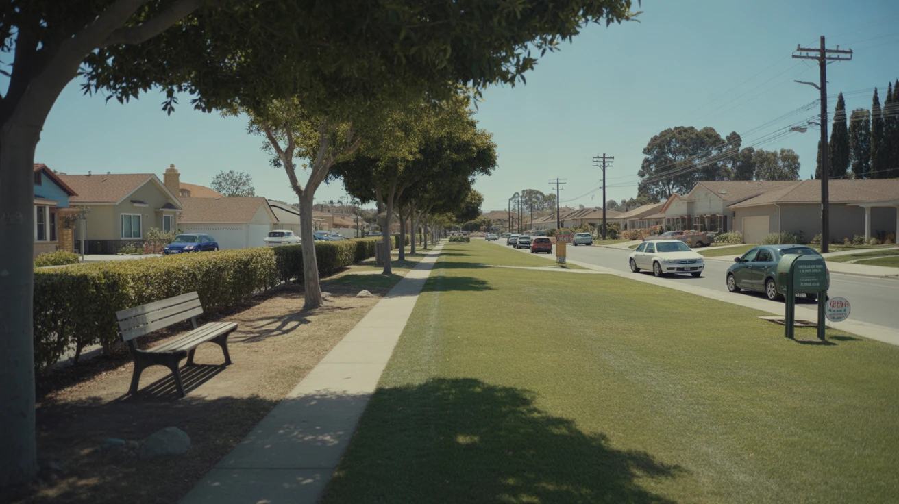 A neighborhood park with a path and bench in El Cajon, California on a sunny day