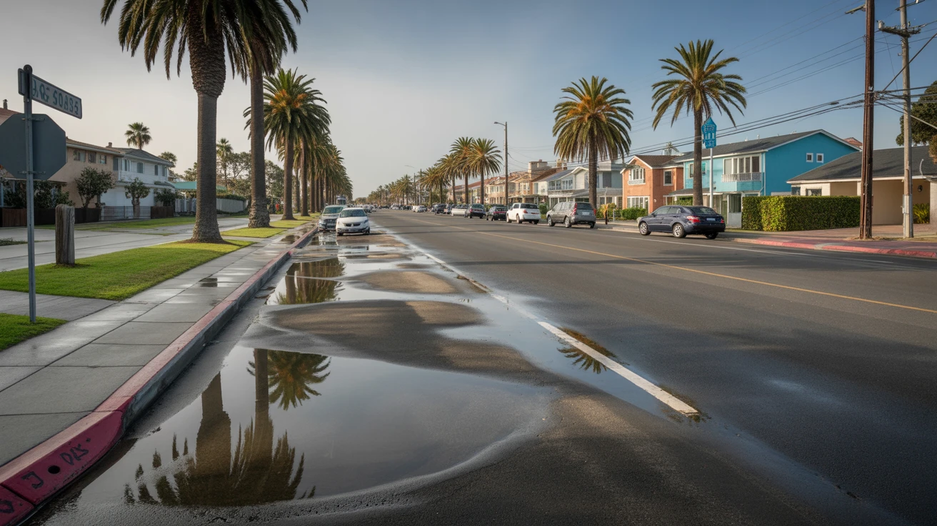A palm tree-lined street in Oceanside, California with wet pavement and puddles after rain