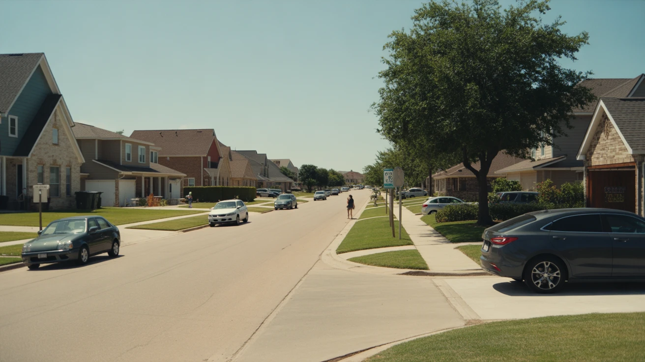 A sunny residential street in Allen, Texas lined with modern single-family homes and parked cars.
