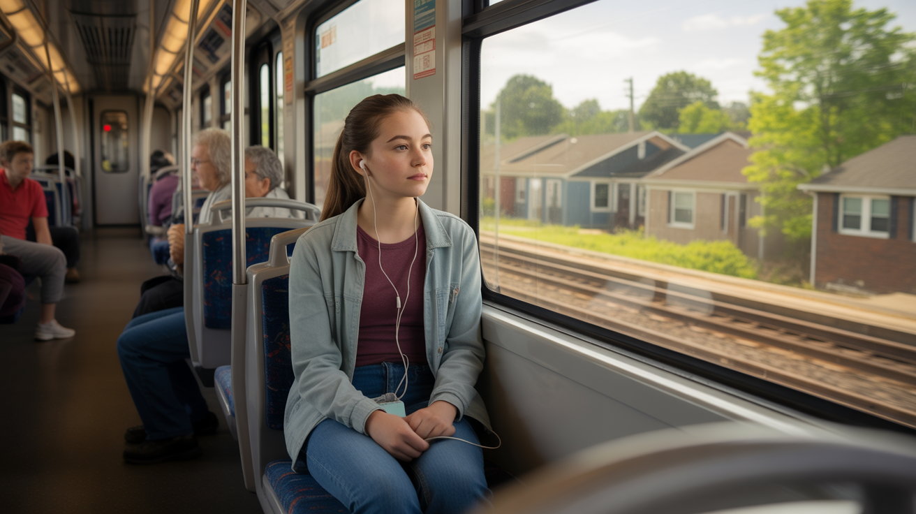 Teenage girl wearing earbuds sits alone on Lyndon light rail train, looking out window at passing suburban homes in late afternoon light.