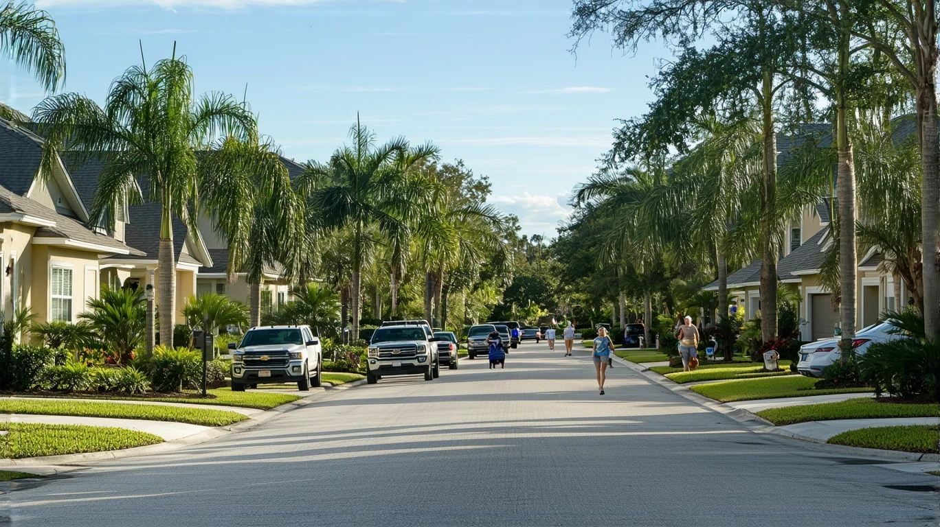 A sunny suburban street in Maitland, Florida lined with well-maintained stucco homes and palm trees. A few residents go about daily routines.
