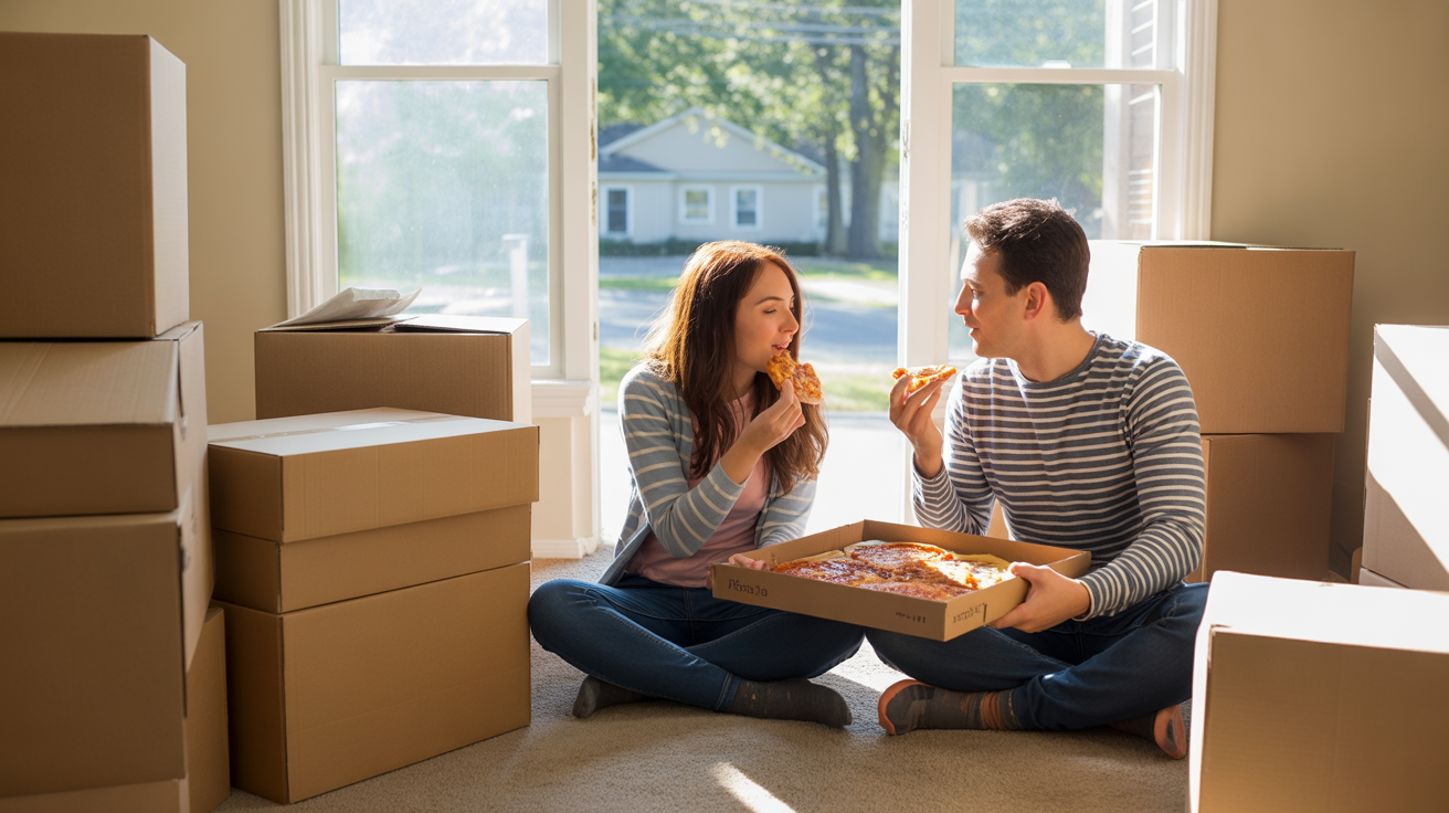 Couple eating pizza on floor of new unfurnished home in Indian Trail, NC with moving boxes