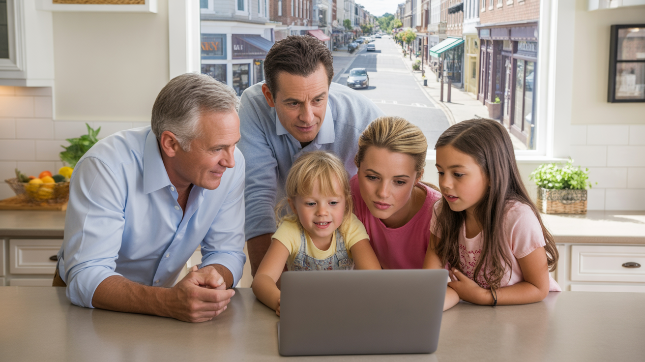 Multi-generational family gathered around kitchen island looking at laptop in Matthews, NC home