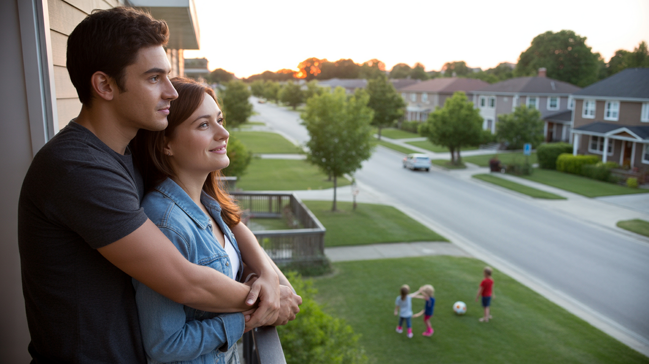 Couple on apartment balcony looking at suburban houses in Schaumburg at sunset