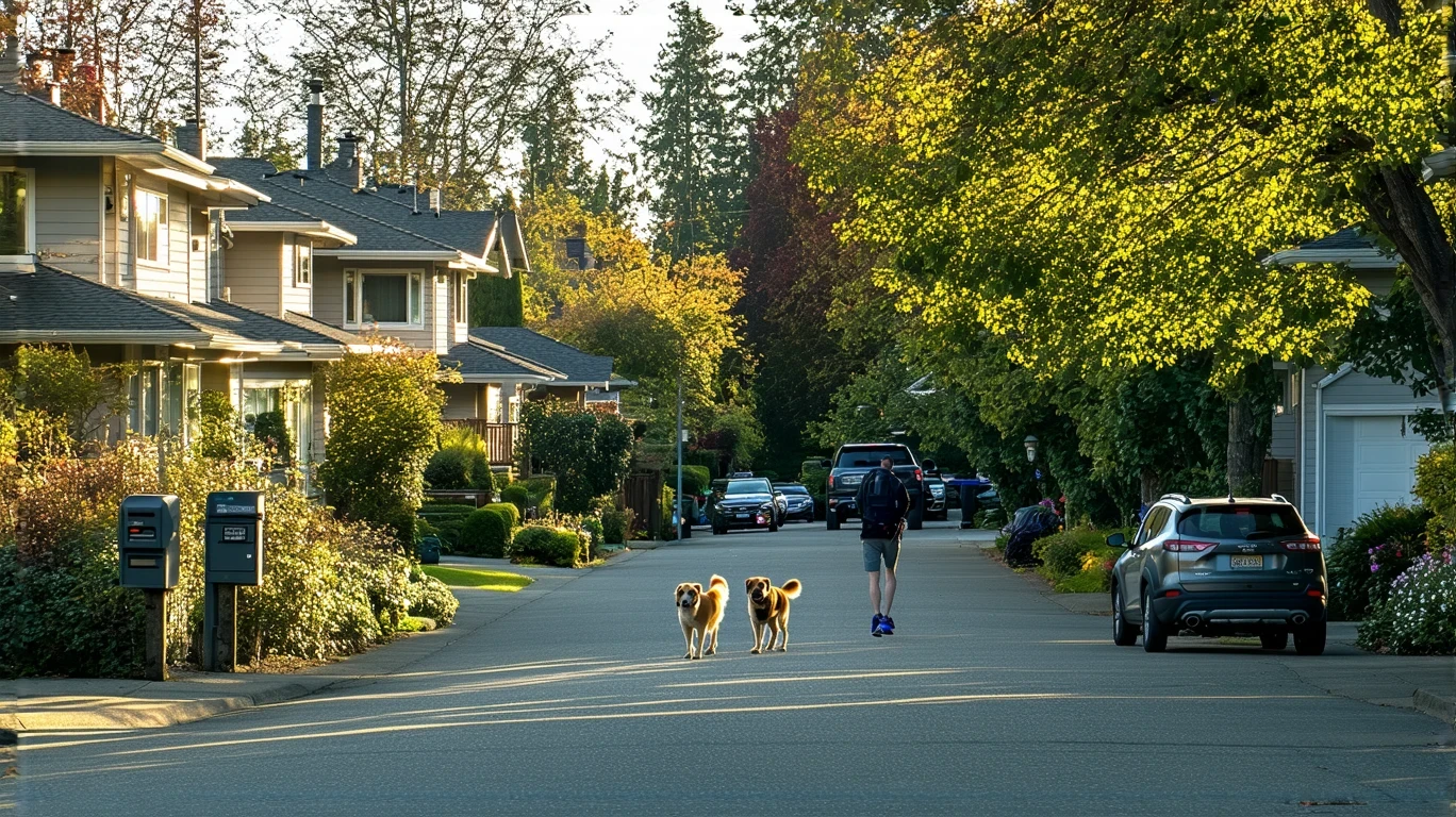 A couple walking their dog on a tree-lined residential street in Bothell, Washington, with craftsman-style homes and a parked SUV visible.