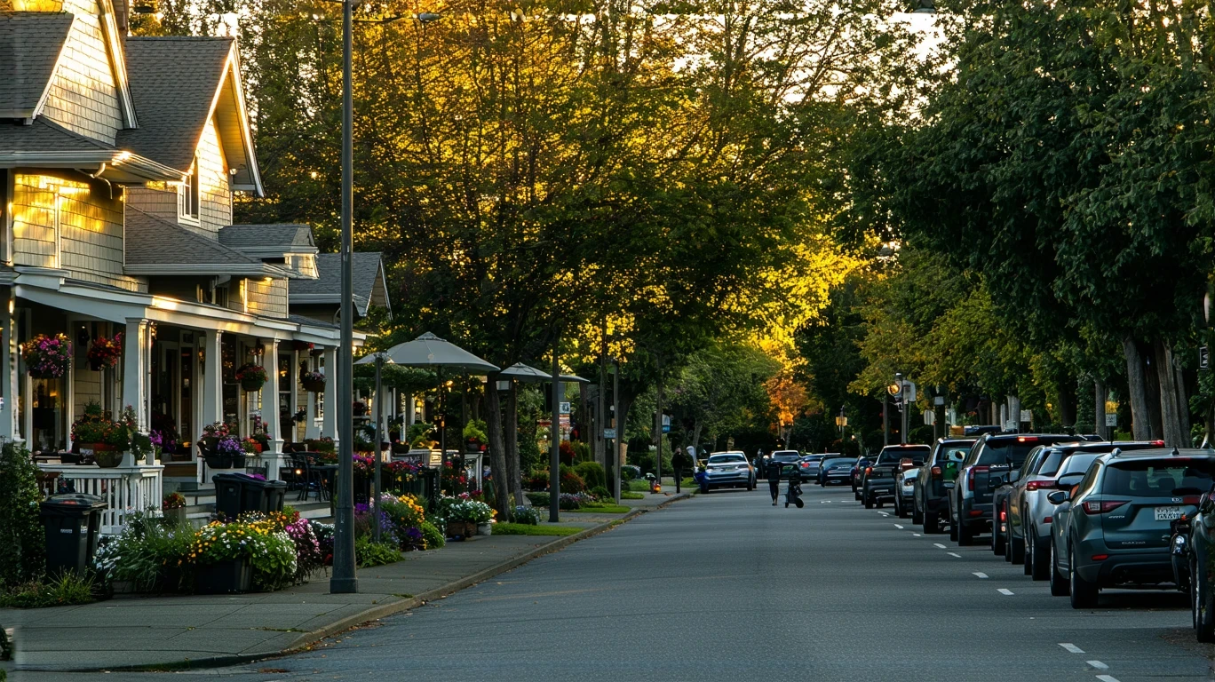 A peaceful street in Redmond, WA with local shops and tidy storefronts at dusk.