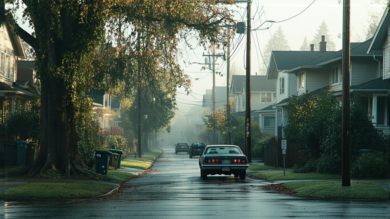 A misty residential street in Seattle with a parked car and foggy trees.
