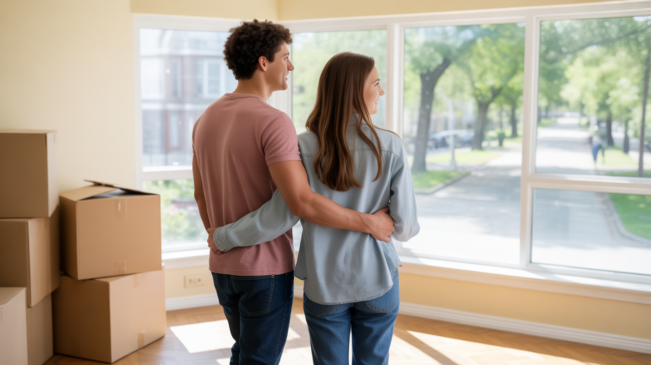 Couple tours affordable, sunny apartment with moving boxes in Skokie, IL