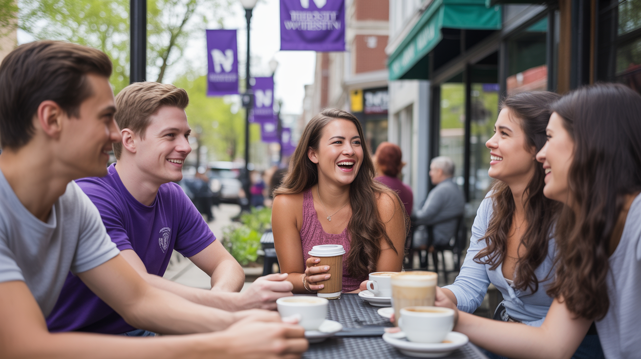 College friends enjoy coffee and conversation at an outdoor cafe in downtown Evanston, IL