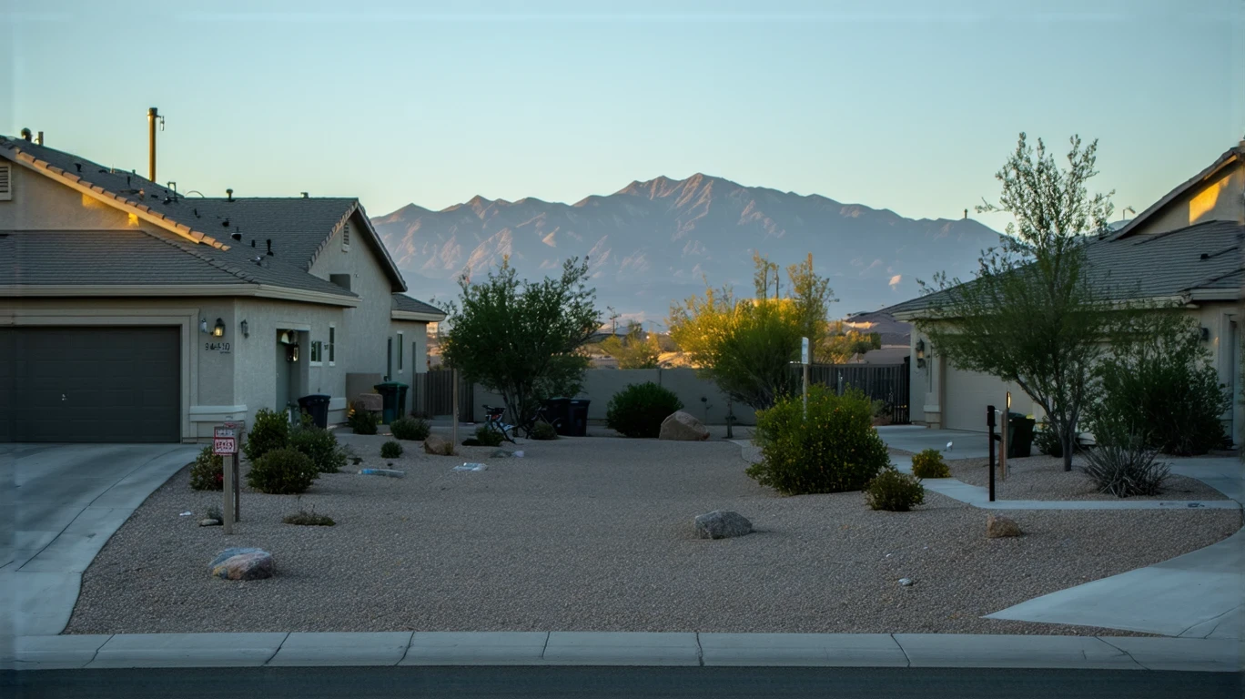 A quiet cul-de-sac in Blue Diamond, Nevada at dusk, with porch lights turning on and a child's bicycle by the curb.