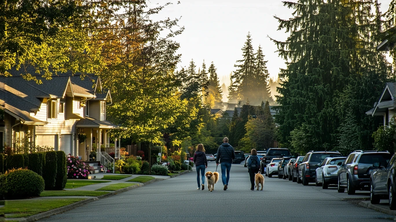 A young woman walking her dog on a residential street lined with craftsman homes in Bothell, WA on a sunny day