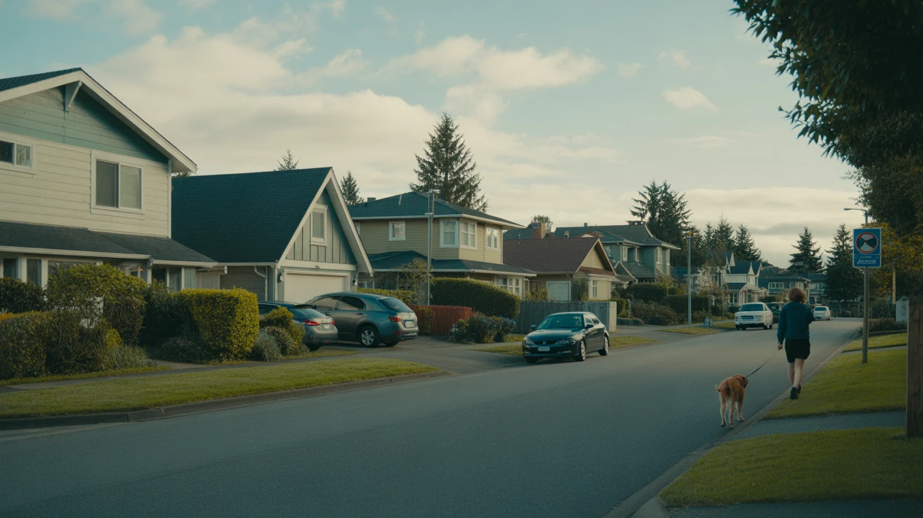 A residential street in Renton, WA with craftsman homes, tidy yards, parked cars, and a person walking their dog in the distance.