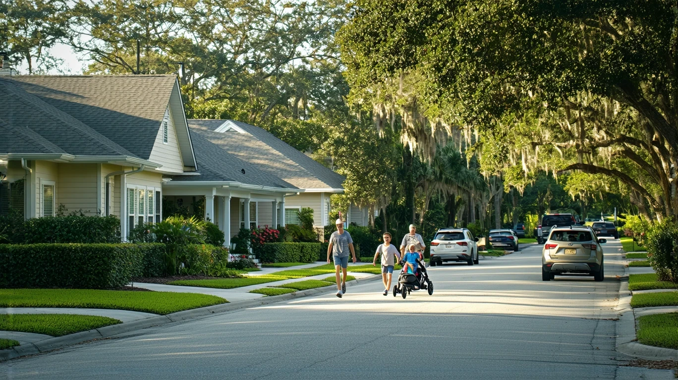 A young family walks along a sidewalk lined with trees and modest homes in Lutz, Florida on a sunny day.
