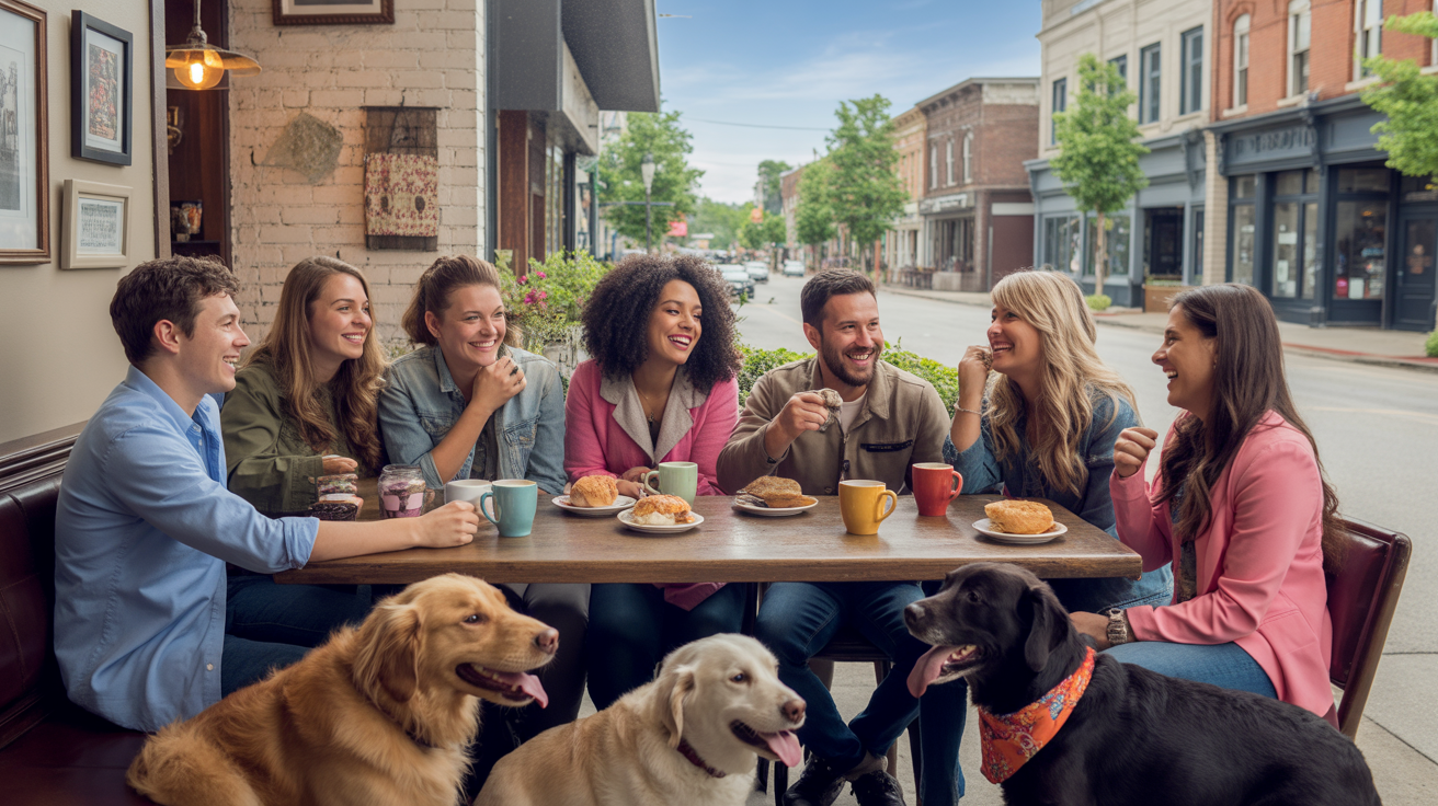Friends chatting at a cozy cafe table with dogs resting at their feet in Lyndon, Kentucky