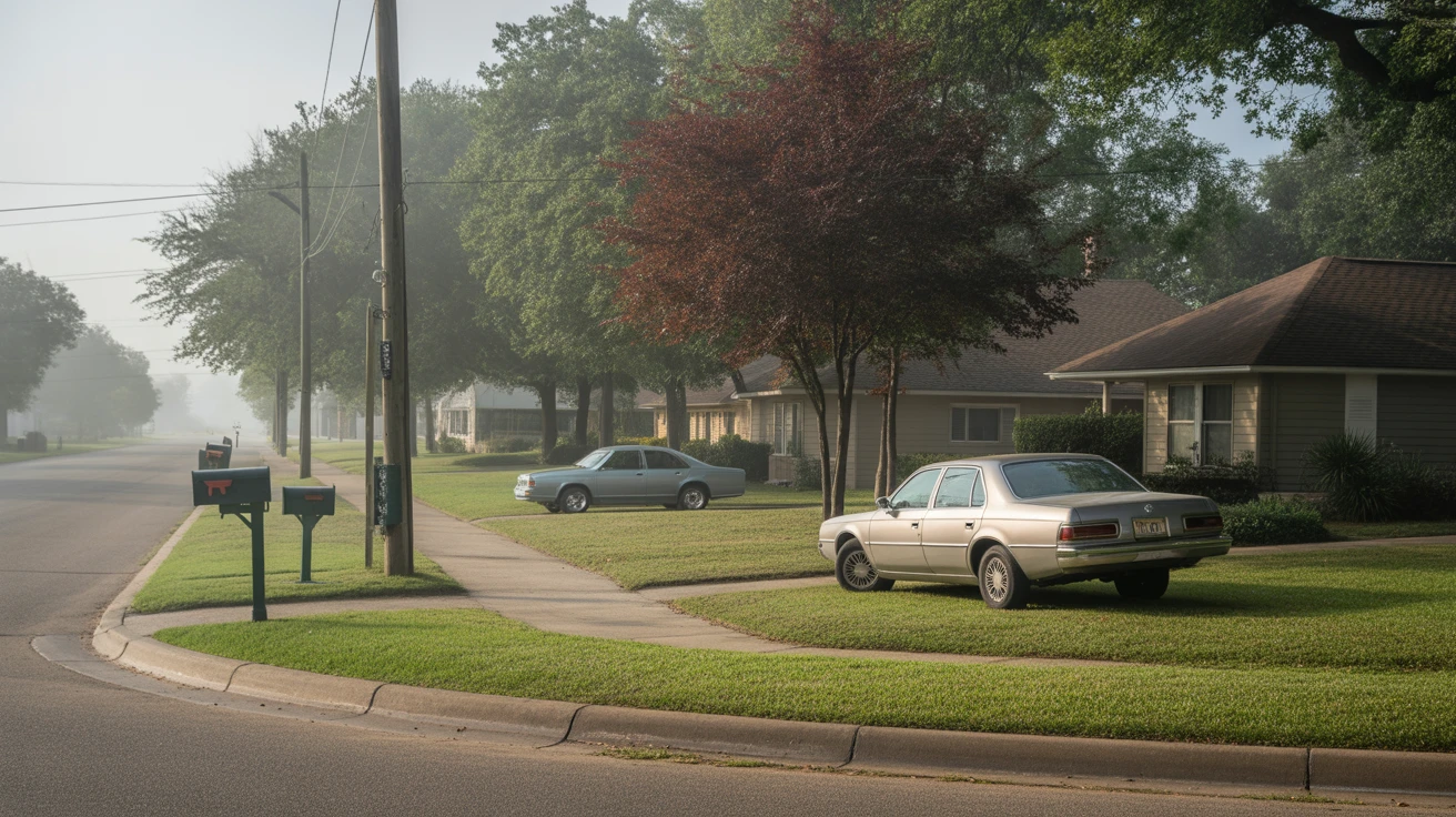 Foggy morning street in Cypress, Texas with car parked under maple tree