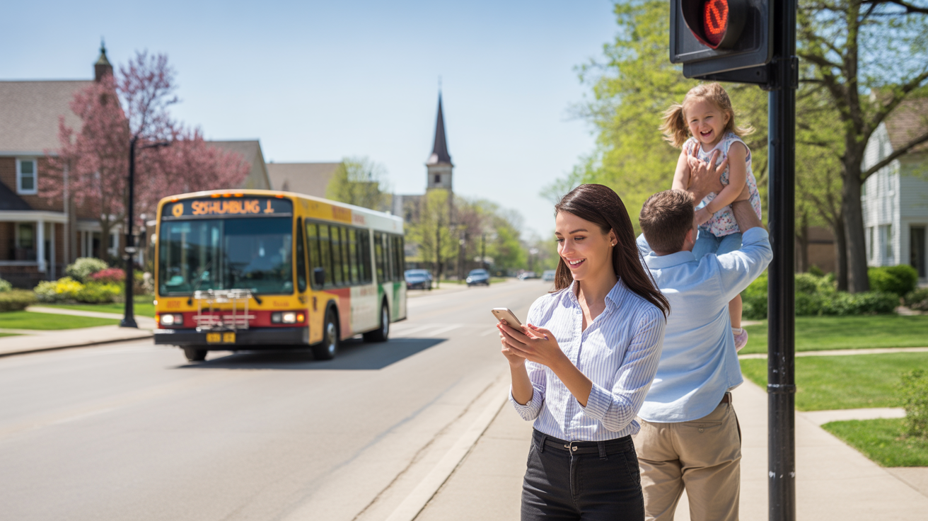 A bus stop on a tree-lined street in Schaumburg, IL with people waiting to cross