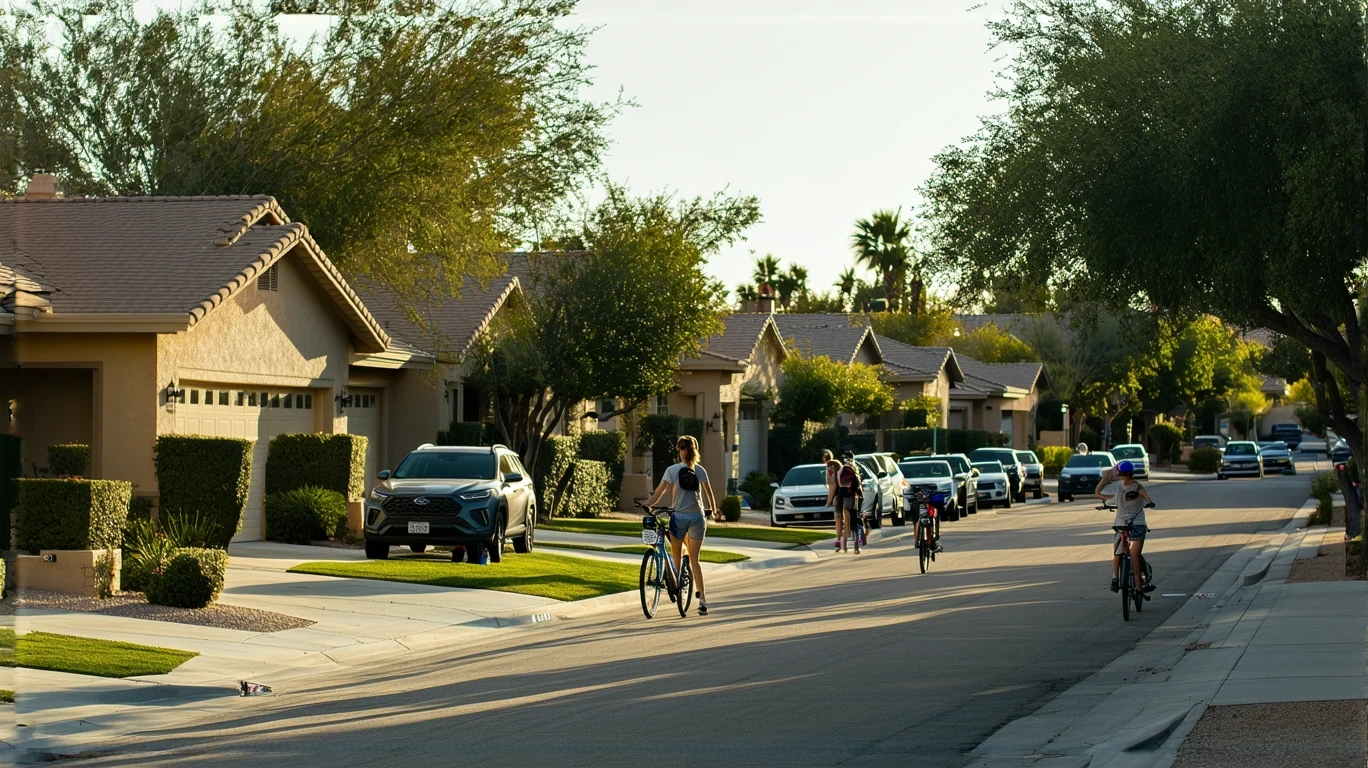 A quiet residential street in Mesa, Arizona with stucco homes, a young woman walking her bike, and people playing frisbee in a nearby park.