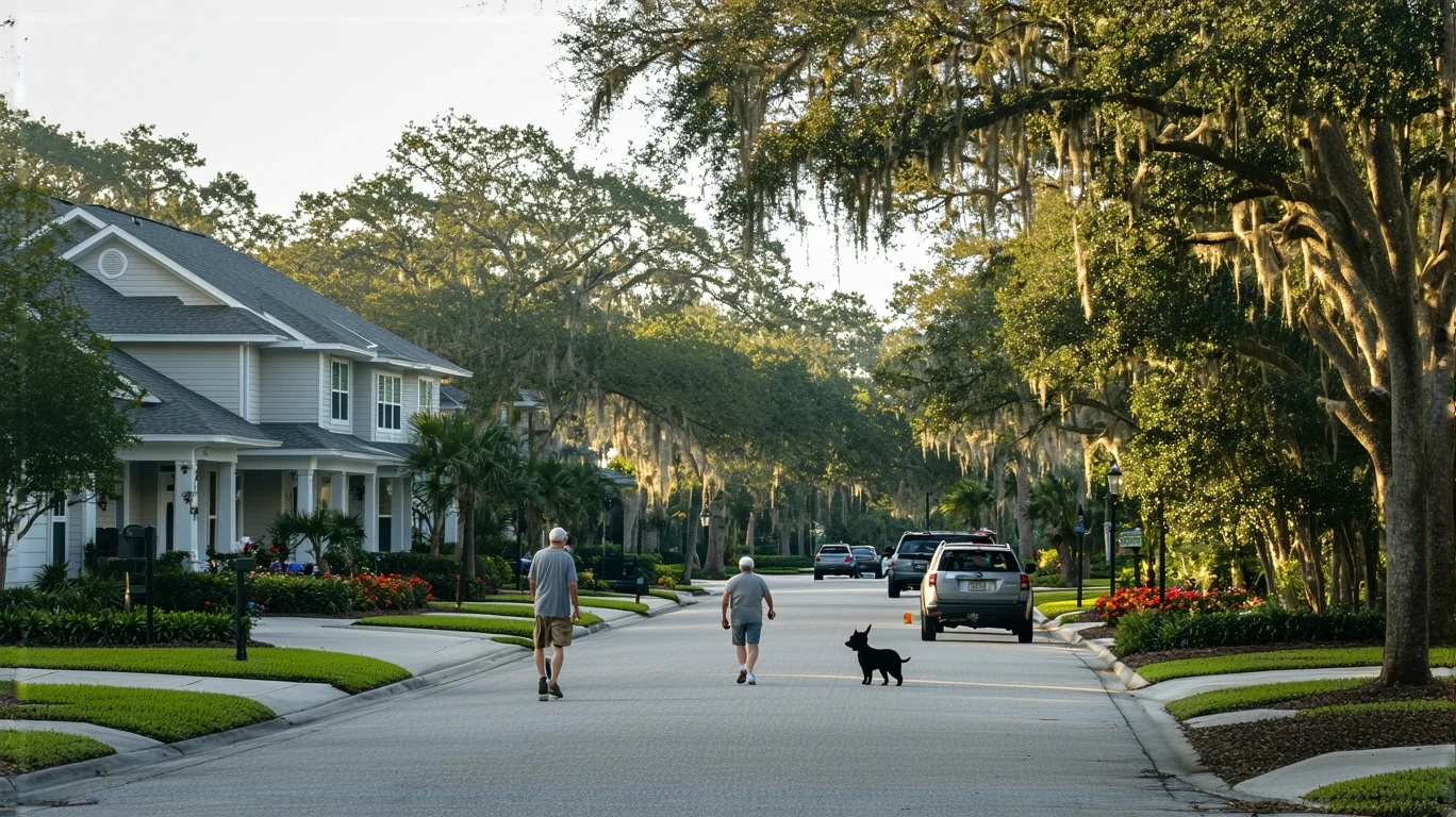 A residential street in Winter Garden, Florida with craftsman-style homes, mature landscaping, and older residents walking and gardening.