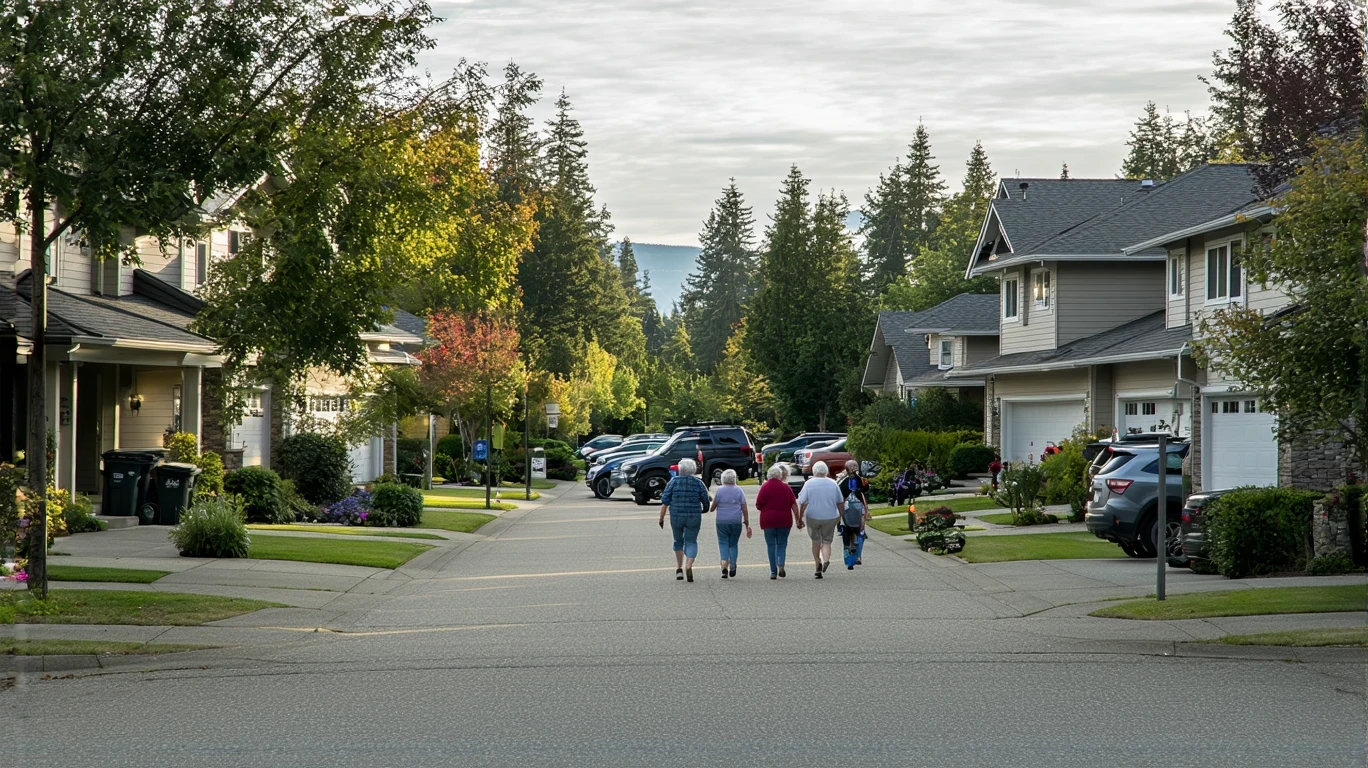 A senior couple walking on a sidewalk lined with craftsman homes and trees in Auburn, Washington.