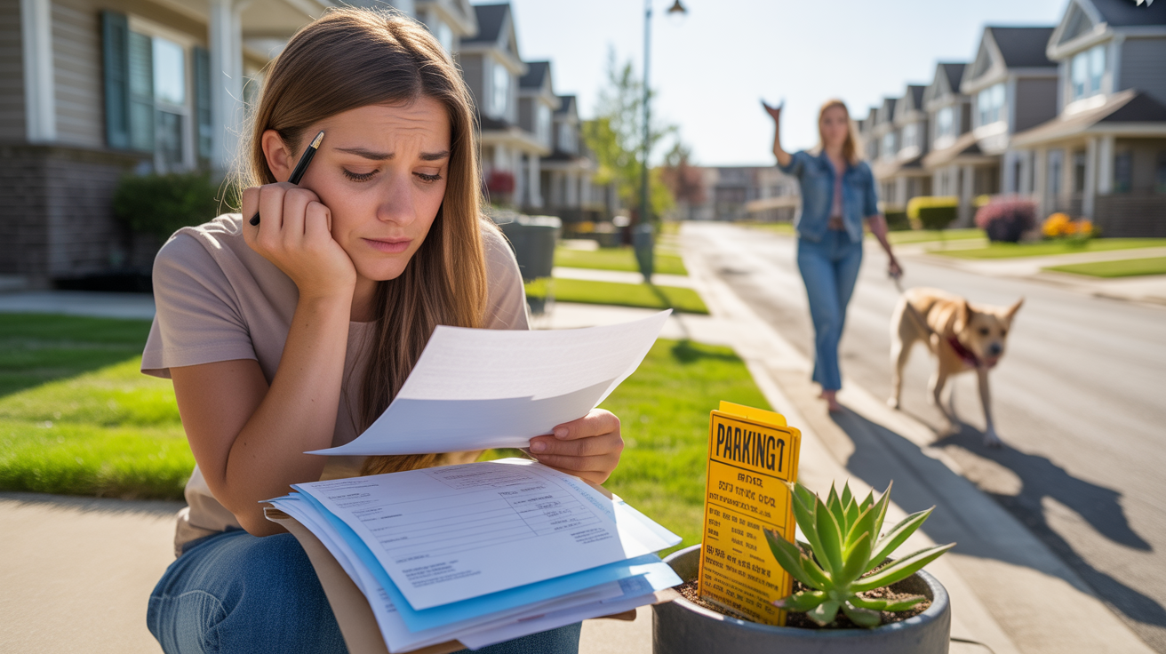Young woman reviewing utility bills and notices on front steps of Schaumburg townhome, with parking ticket and setting sun in background