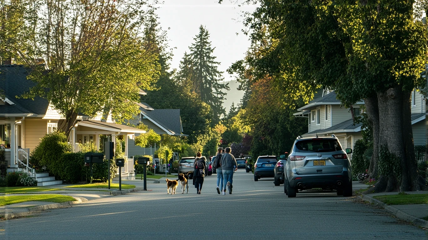 A residential street in Shoreline, WA with craftsman homes, a couple walking their dog, and a parked SUV in a driveway.