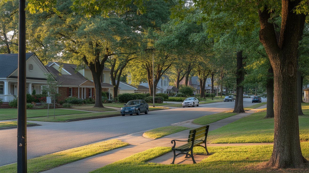 A quiet residential street in Holly Springs, NC with houses, trees, parked cars and an empty bench on a summer evening