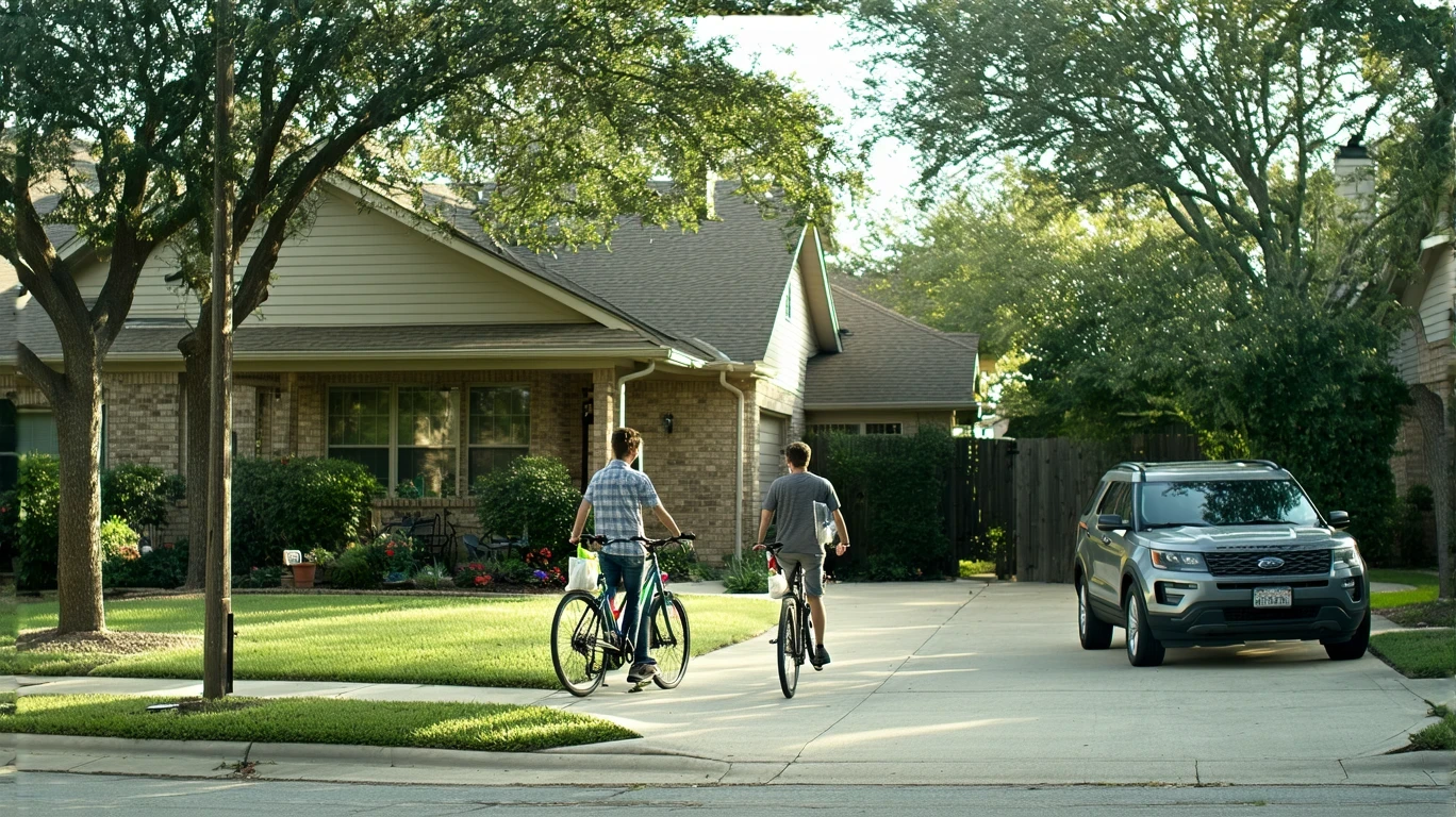 Plano Texas neighborhood with craftsman home, college student walking bicycle up driveway