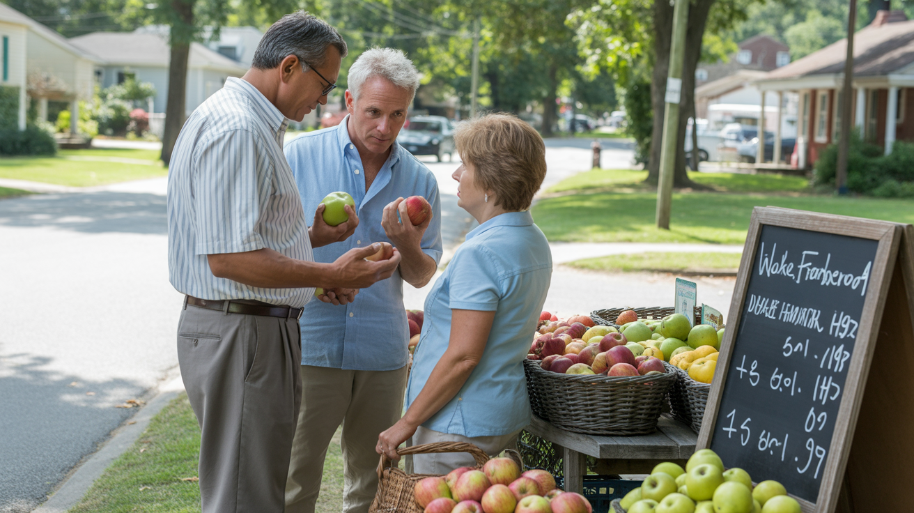 An older couple comparing apples at a local produce stand in Wake Forest, NC on a summer afternoon.