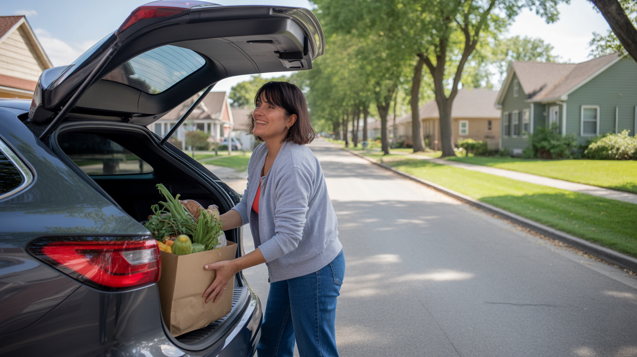 Woman unloading affordable groceries from car in quiet Cicero IL neighborhood
