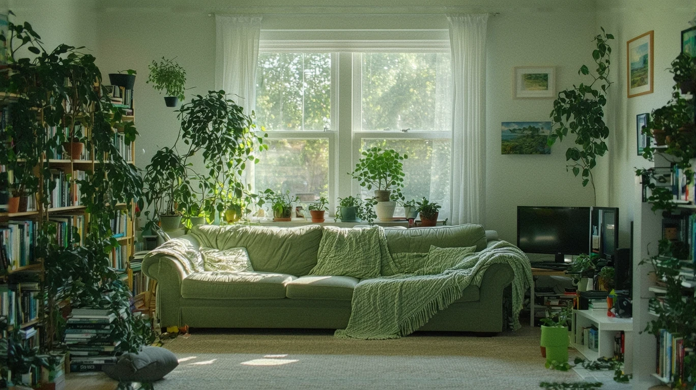A small, naturally lit living room with a couch and bookshelf in an Altamonte Springs home.