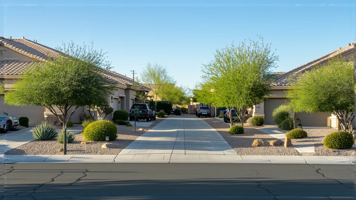 A sunny suburban street in Surprise, Arizona with stucco homes, xeriscaped yards, and a retiree walking her dog.
