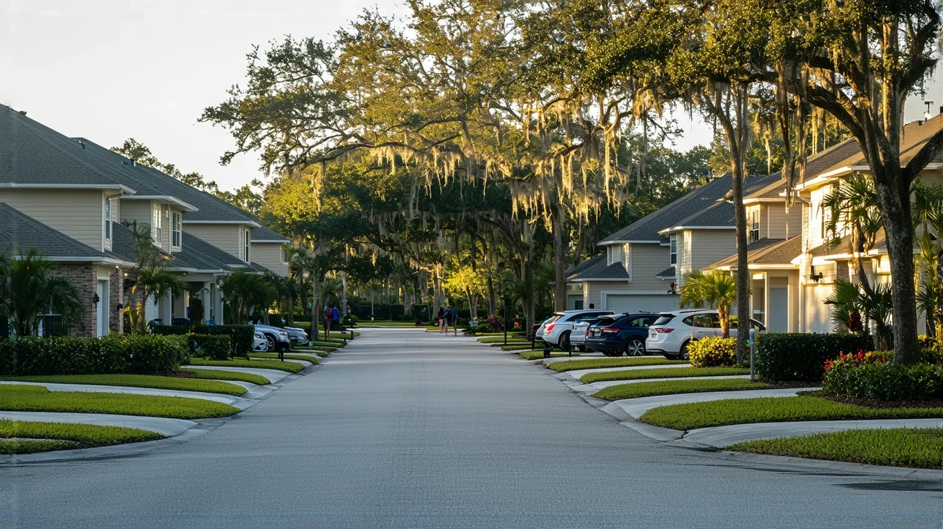 A quiet suburban street in Sanford, Florida lined with modest single-family homes and parked cars.