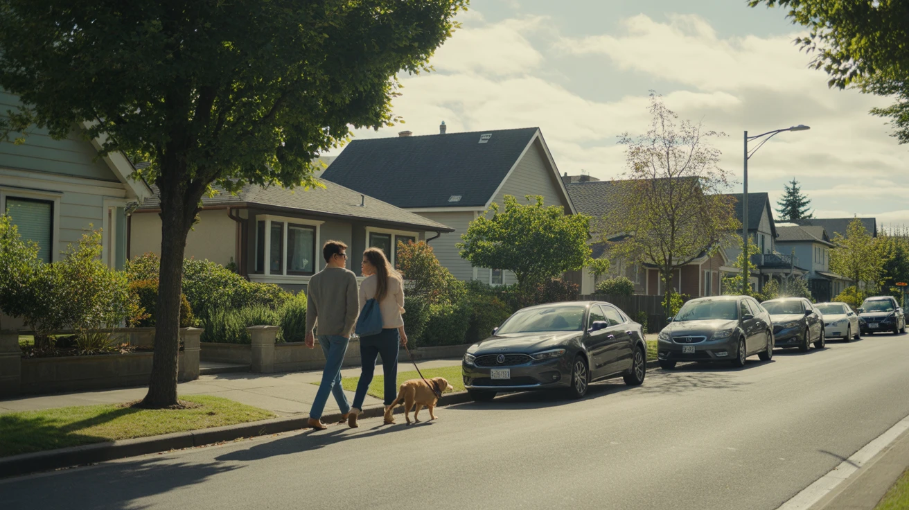 A suburban street in Renton, WA with craftsman homes, parked cars, and a couple walking their dog on the sidewalk.