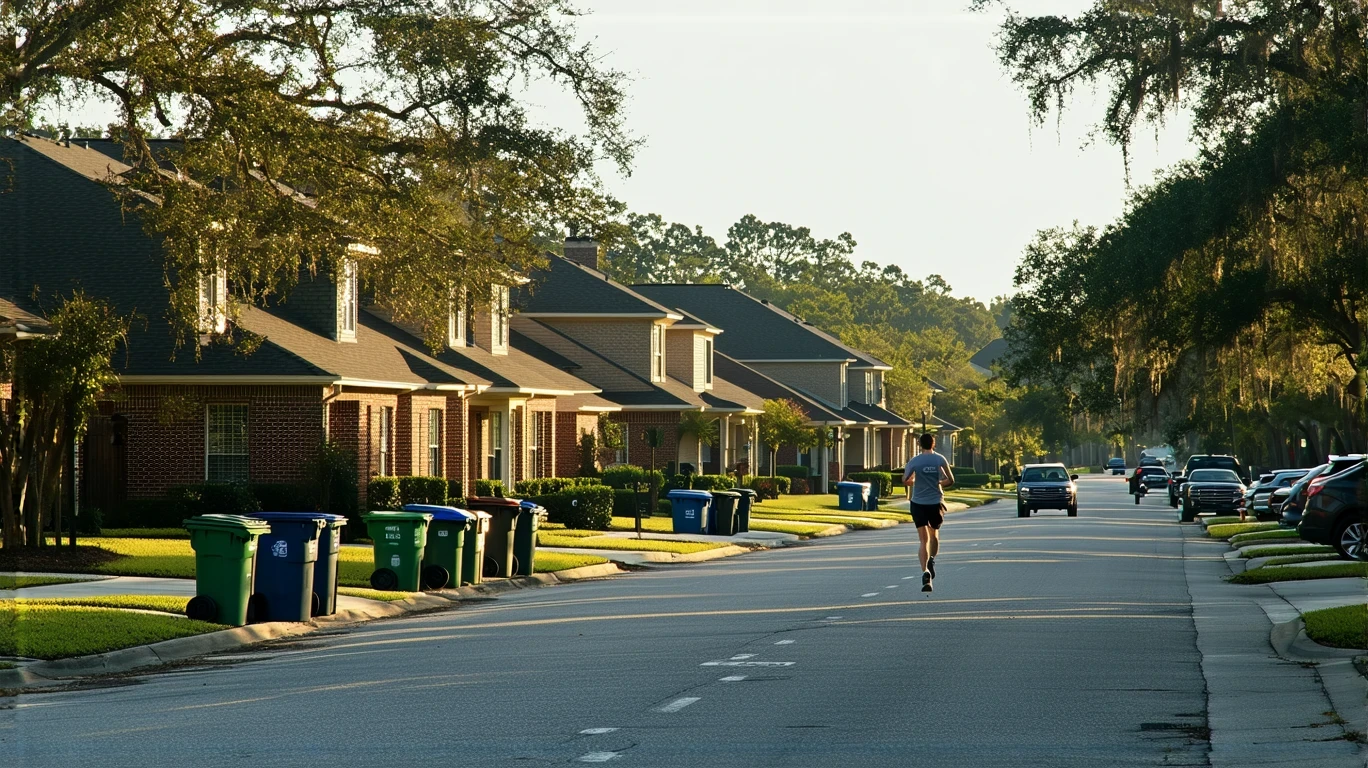A jogger runs past red-brick homes with trash bins out for pickup on a residential street in Ocoee, Florida.