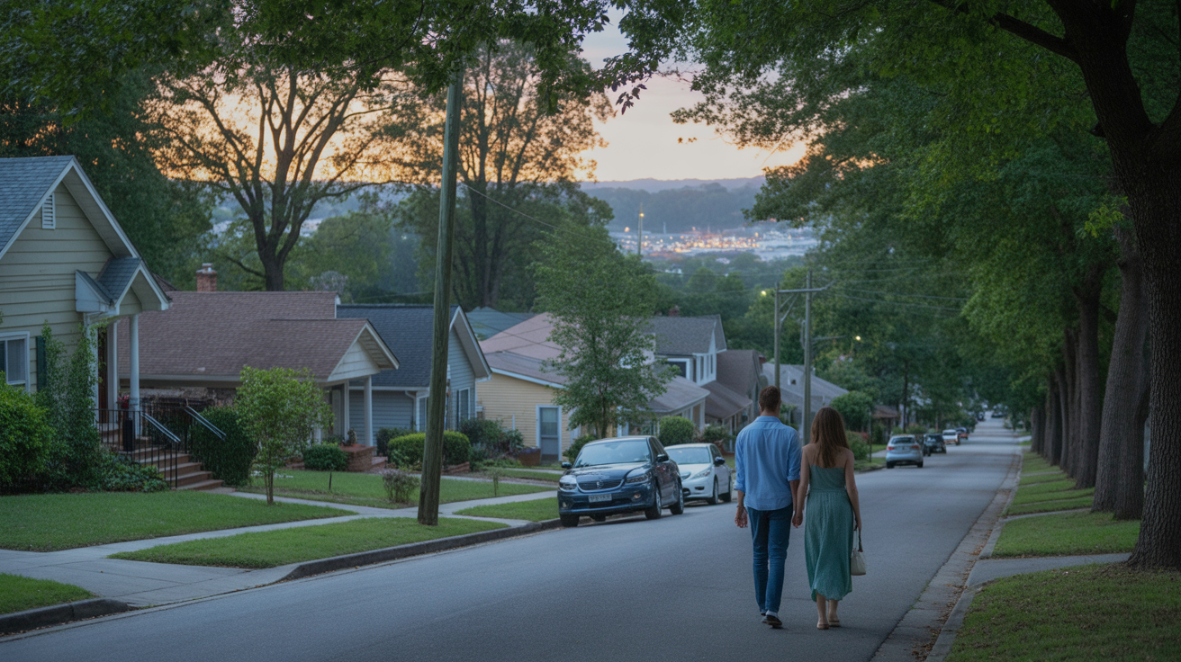 A tree-lined suburban street in Garner, NC at dusk, with modest homes, parked cars, and a couple walking.