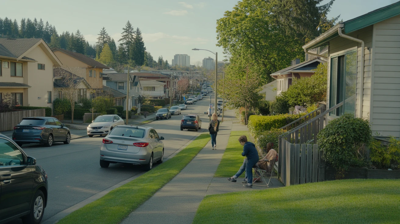A quiet street in Bellevue, WA lined with modern single-family homes and small apartment buildings, with cars parked along the sidewalk and lush green lawns and trees.