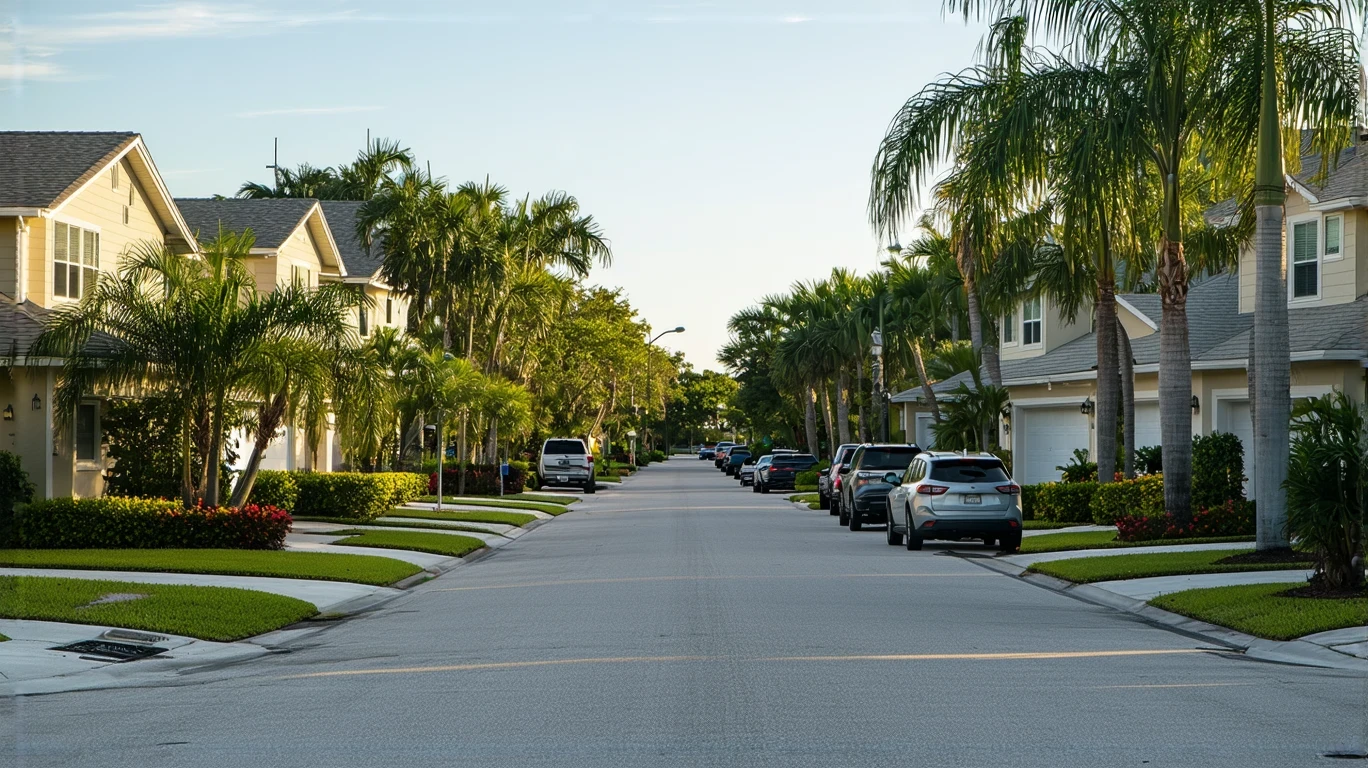 A sunny suburban street in Clearwater, Florida lined with well-maintained stucco homes and tropical landscaping.