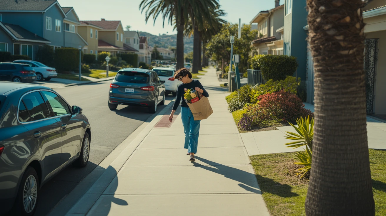 A person carrying groceries walks along a sidewalk in front of well-kept homes in a National City neighborhood on a sunny day.