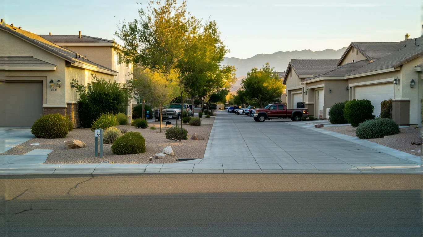 Suburban street in Blue Diamond, Nevada with stucco homes and xeriscaped yards on a sunny day
